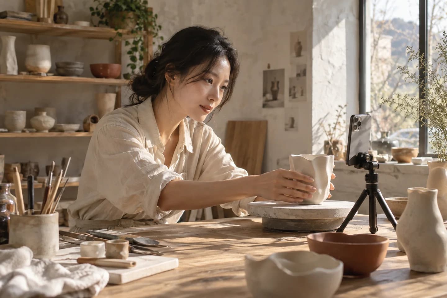 도자기 작업실에서 컵을 만들며 콘텐츠를 촬영하는 가상의 크리에이터
